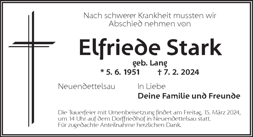  Traueranzeige für Elfriede Stark vom 11.03.2024 aus Ansbach