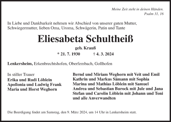 Traueranzeige von Eliesabeta Schultheiß von Neustadt/ Scheinfeld/ Uffenheim