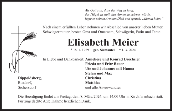 Traueranzeige von Elisabeth Meier von Neustadt/ Scheinfeld/ Uffenheim