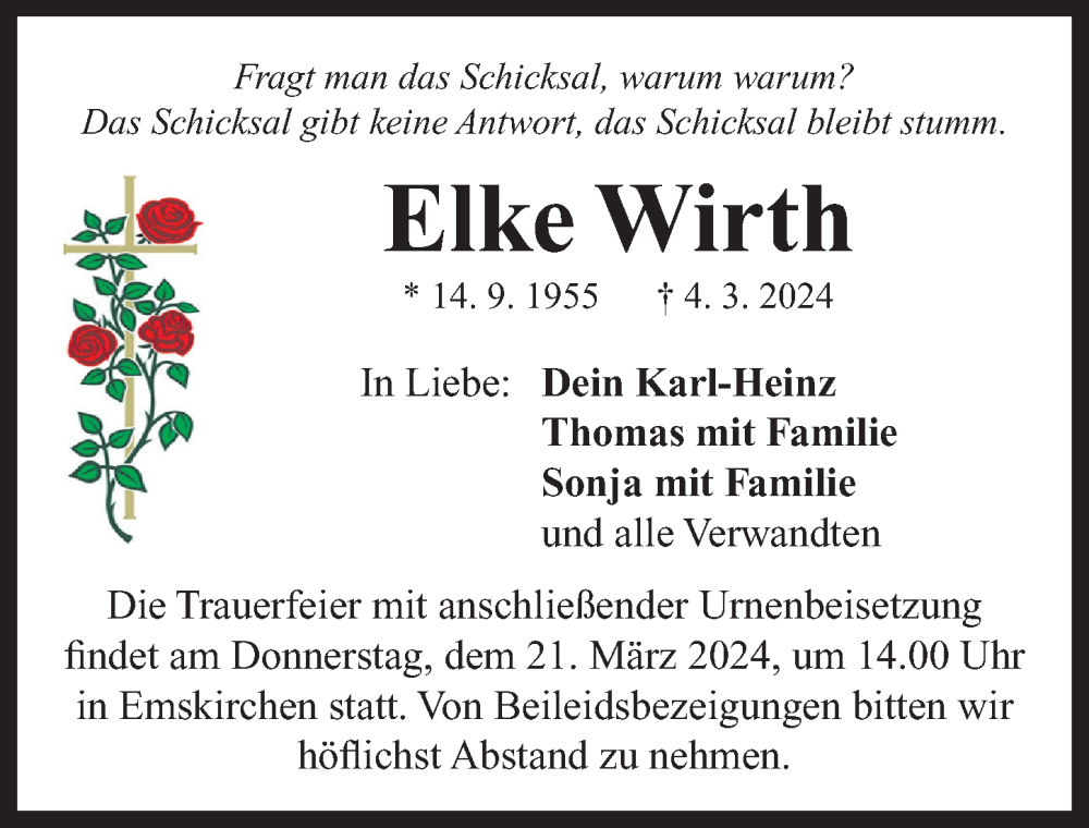  Traueranzeige für Elke Wirth vom 19.03.2024 aus Neustadt/ Scheinfeld/ Uffenheim