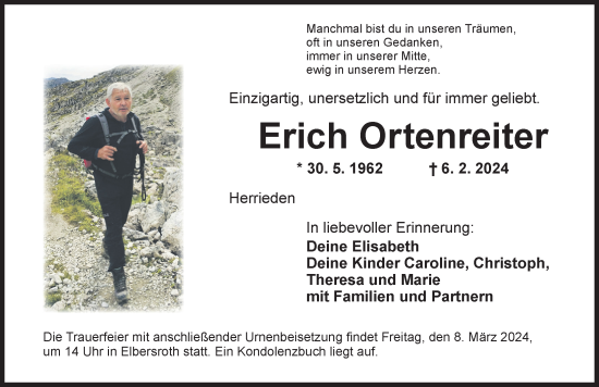 Traueranzeige von Erich Ortenreiter von Ansbach