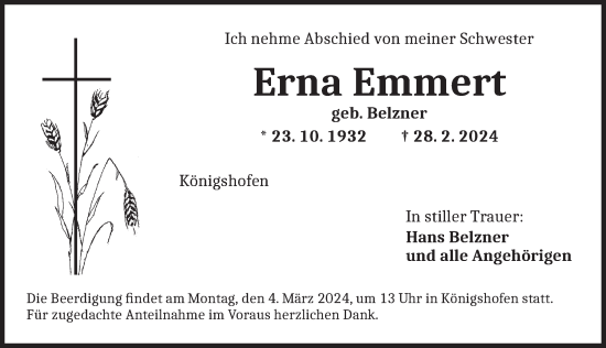 Traueranzeige von Erna Emmert von Dinkelsbühl/ Feuchtwangen