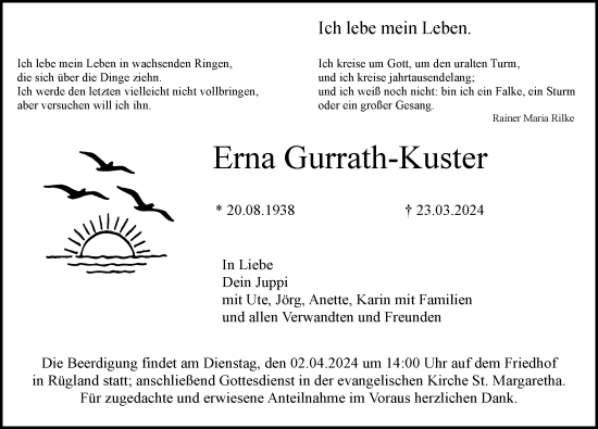 Traueranzeige von Erna GurrathKuster von Ansbach