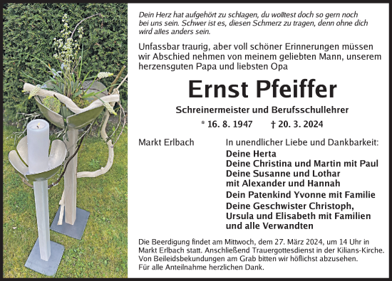 Traueranzeige von Ernst Pfeiffer von Neustadt/ Scheinfeld/ Uffenheim