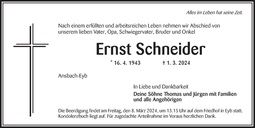  Traueranzeige für Ernst Schneider vom 05.03.2024 aus Ansbach