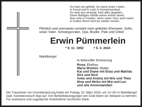 Traueranzeige von Erwin Pümmerlein von Neustadt/ Scheinfeld/ Uffenheim