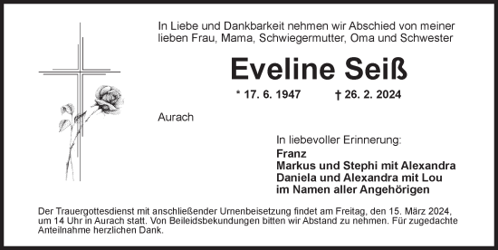 Traueranzeige von Eveline Seiß von Ansbach