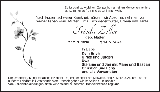 Traueranzeige von Frieda Zeller von Ansbach