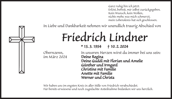 Traueranzeige von Friedrich Lindner von Neustadt/ Scheinfeld/ Uffenheim
