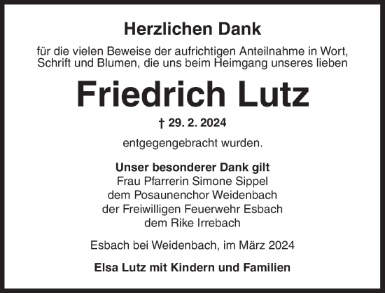 Traueranzeige von Friedrich Lutz von Ansbach