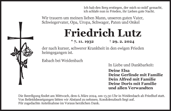 Traueranzeige von Friedrich Lutz von Ansbach