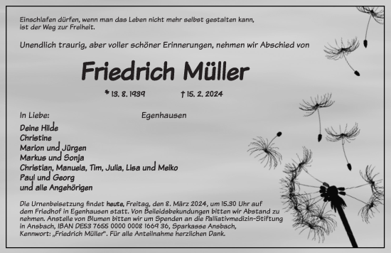 Traueranzeige von Friedrich Müller von Neustadt/ Scheinfeld/ Uffenheim