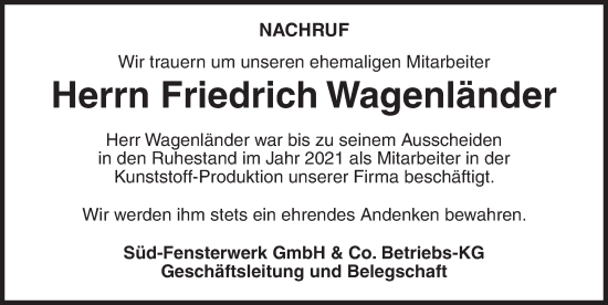 Traueranzeige von Friedrich Wagenländer von Dinkelsbühl/ Feuchtwangen