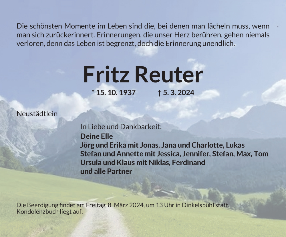  Traueranzeige für Fritz Reuter vom 07.03.2024 aus Dinkelsbühl/ Feuchtwangen