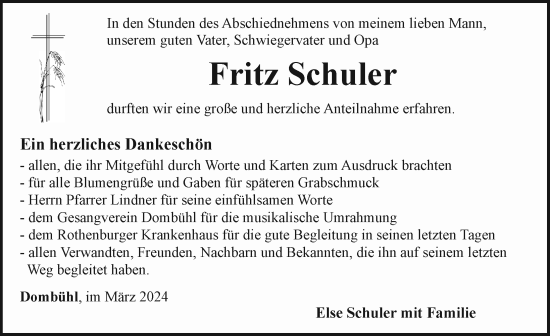 Traueranzeige von Fritz Schuler von Rothenburg