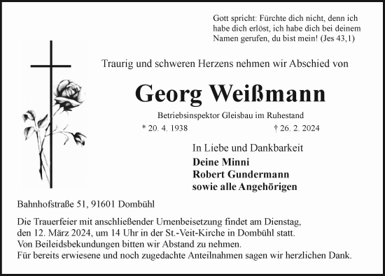 Traueranzeige von Georg Weißmann von Rothenburg