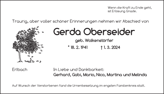 Traueranzeige von Gerda Oberseider von Ansbach