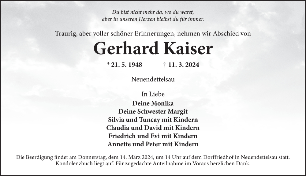  Traueranzeige für Gerhard Kaiser vom 13.03.2024 aus Ansbach