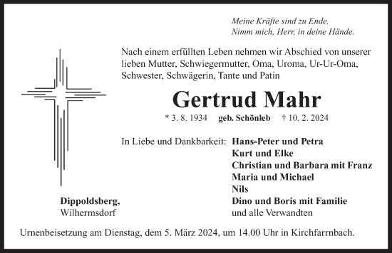 Traueranzeige von Gertrud Mahr von Neustadt/ Scheinfeld/ Uffenheim