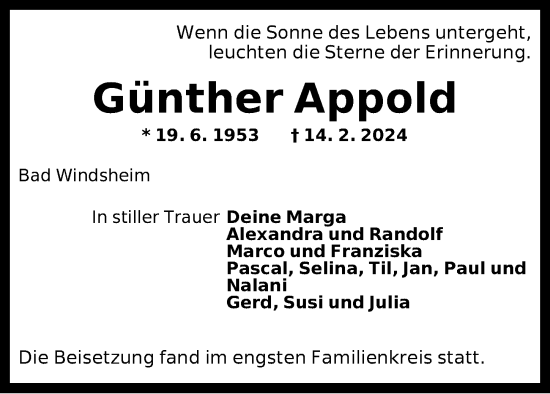 Traueranzeige von Günther Appold von Neustadt/ Scheinfeld/ Uffenheim