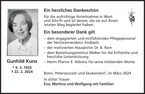 Traueranzeige von Gunhild Kunz von Ansbach