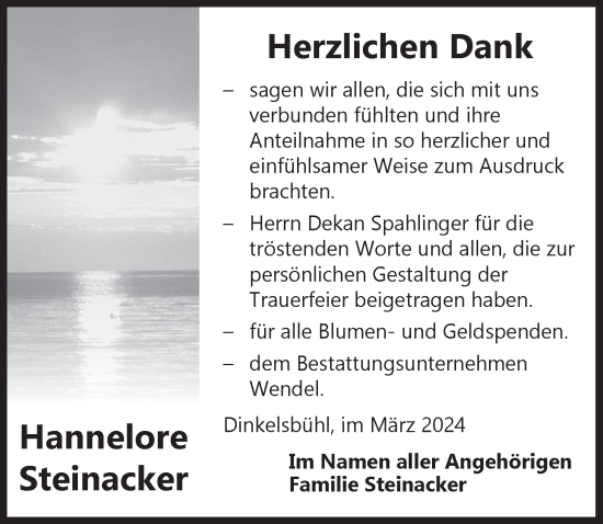 Traueranzeige von Hannelore Steinacker von Dinkelsbühl/ Feuchtwangen