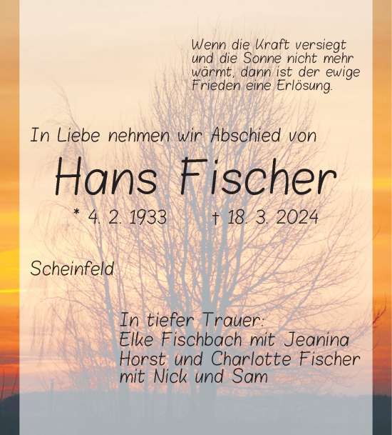 Traueranzeige von Hans Fischer von Neustadt/ Scheinfeld/ Uffenheim