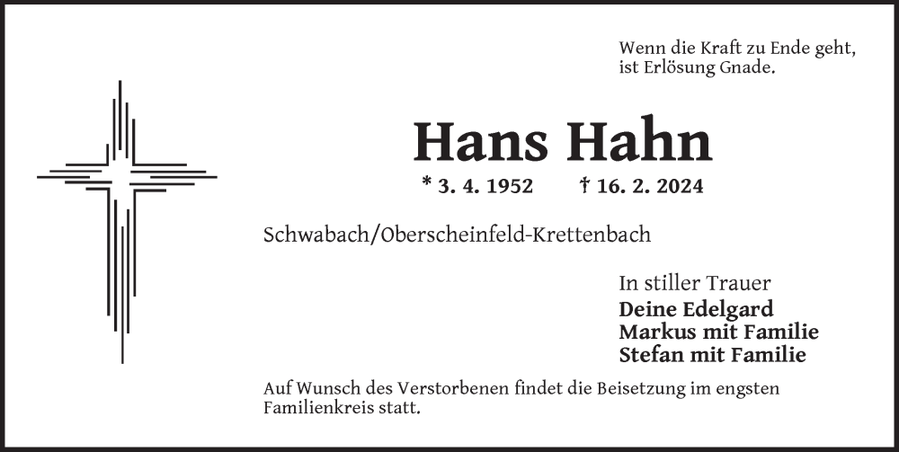  Traueranzeige für Hans Hahn vom 09.03.2024 aus Neustadt/ Scheinfeld/ Uffenheim