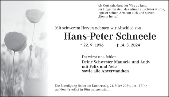 Traueranzeige von Hans-Peter Schneele von Dinkelsbühl/ Feuchtwangen