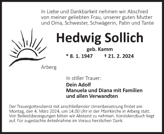 Traueranzeige von Hedwig Sollich von Dinkelsbühl/ Feuchtwangen