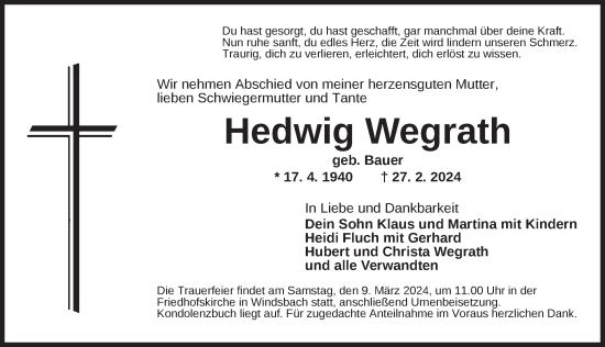 Traueranzeige von Hedwig Wegrath von Ansbach