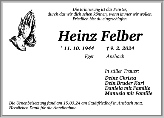 Traueranzeige von Heinz Felber von Ansbach