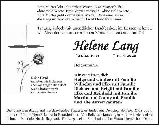 Traueranzeige von Helene Lang von Dinkelsbühl/ Feuchtwangen