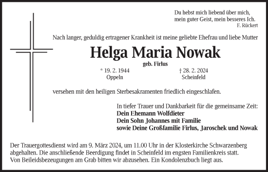 Traueranzeige von Helga Maria Nowak von Neustadt/ Scheinfeld/ Uffenheim