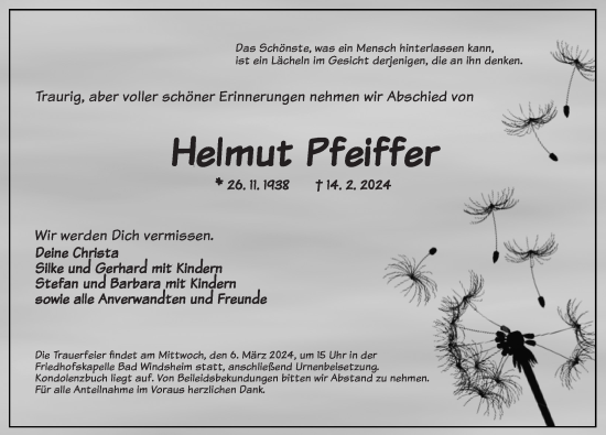 Traueranzeige von Helmut Pfeiffer von Neustadt/ Scheinfeld/ Uffenheim