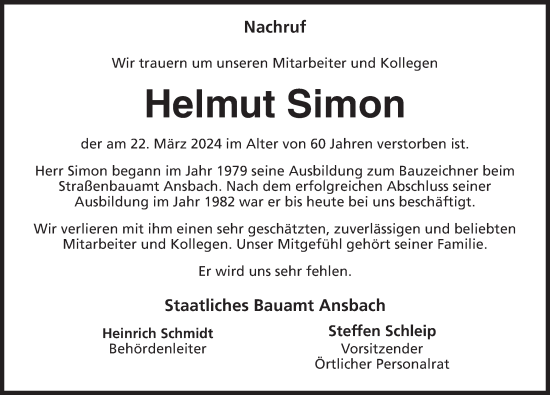 Traueranzeige von Helmut Simon von Ansbach