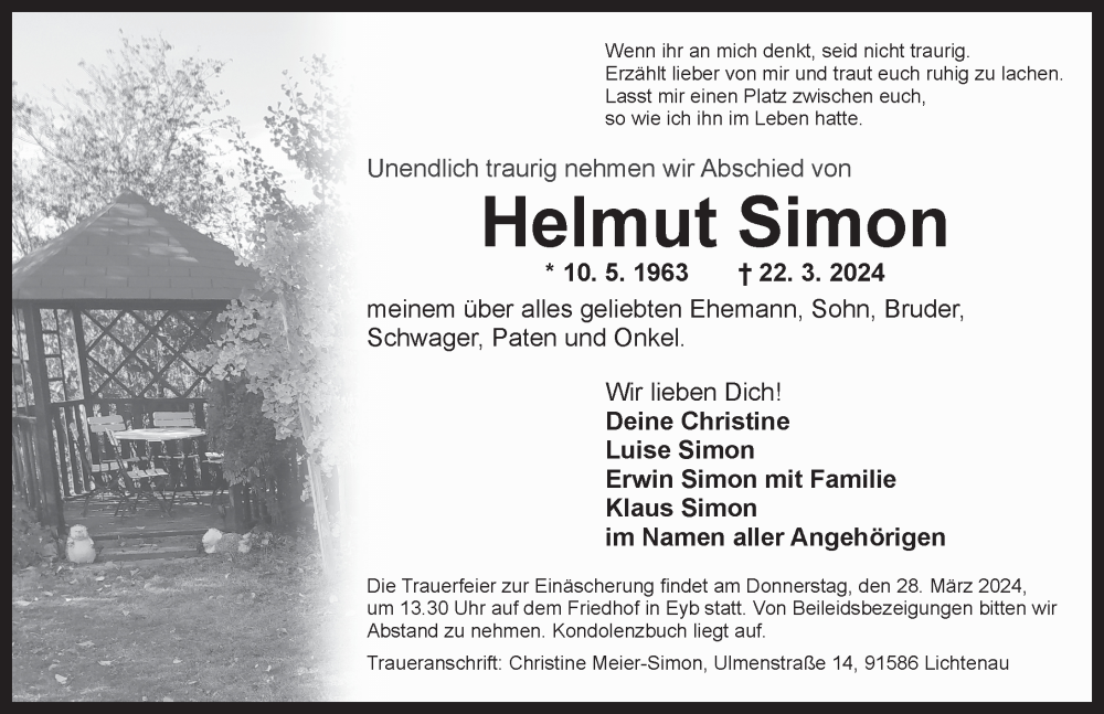  Traueranzeige für Helmut Simon vom 26.03.2024 aus Ansbach
