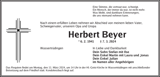 Traueranzeige von Herbert Beyer von Ansbach