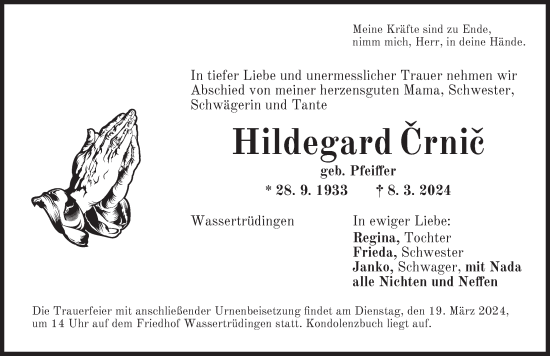 Traueranzeige von Hildegard Crnic von Dinkelsbühl/ Feuchtwangen