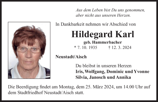 Traueranzeige von Hildegard Karl von Neustadt/ Scheinfeld/ Uffenheim