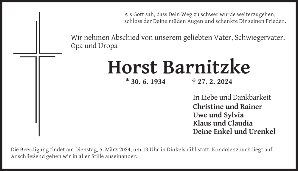  Traueranzeige für Horst Barnitzke vom 02.03.2024 aus Dinkelsbühl/ Feuchtwangen