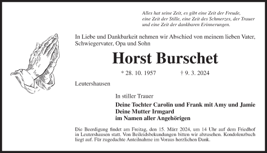 Traueranzeige von Horst Burschet von Ansbach
