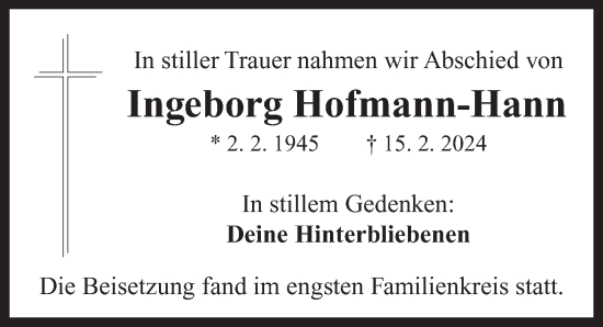 Traueranzeige von Ingeborg Hofmann-Hann von Neustadt/ Scheinfeld/ Uffenheim