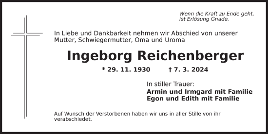 Traueranzeige von Ingeborg Reichenberger von Ansbach
