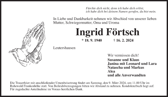 Traueranzeige von Ingrid Förtsch von Ansbach