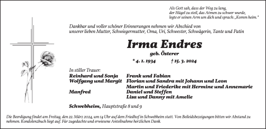 Traueranzeige von Irma Endres von Neustadt/ Scheinfeld/ Uffenheim