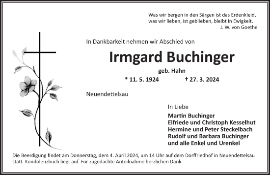 Traueranzeige von Irmgard Buchinger von Ansbach