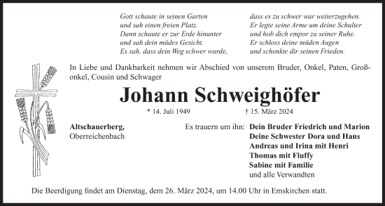 Traueranzeige von Johann Schweighöfer von Neustadt/ Scheinfeld/ Uffenheim