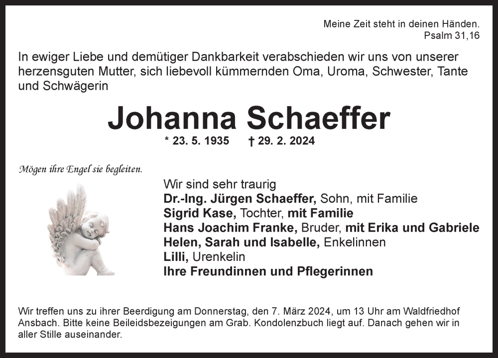  Traueranzeige für Johanna Schaeffer vom 02.03.2024 aus Ansbach
