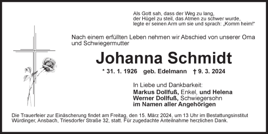 Traueranzeige von Johanna Schmidt von Ansbach